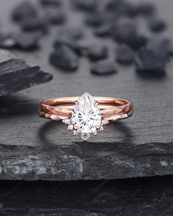 Unique Hammered Pear Shape Fireworks Cut Moissanite Engagement Ring Set, Hand Forged 14K 18K Rose Gold Diamond Bridal Set Promise Ring Gift - ShainJewelry