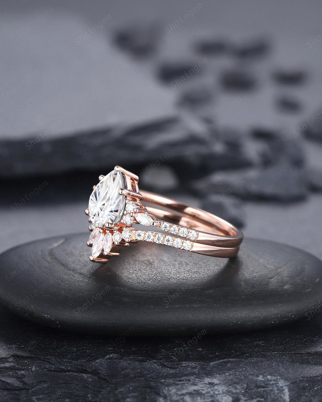 Vintage Pear Shape Fireworks Cut Colorless Moissanite Engagement Ring, Unique Rose Gold Cluster Wedding Set Promise Ring Gift for Woman - ShainJewelry