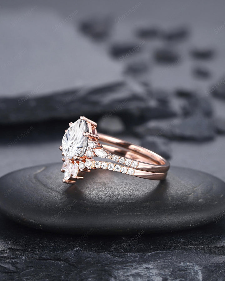 Vintage Pear Shape Fireworks Cut Colorless Moissanite Engagement Ring, Unique Rose Gold Cluster Wedding Set Promise Ring Gift for Woman - ShainJewelry