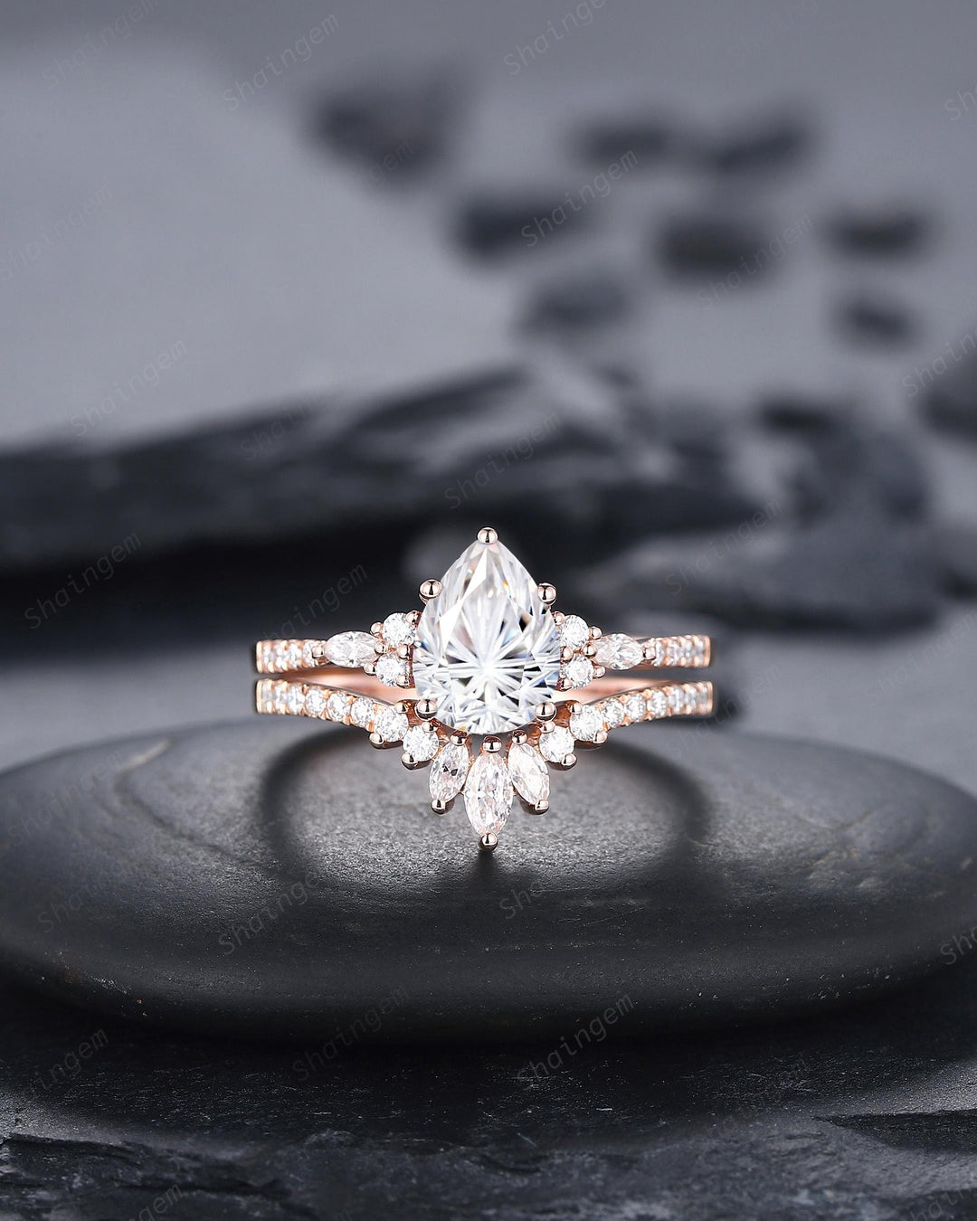 Vintage Pear Shape Fireworks Cut Colorless Moissanite Engagement Ring, Unique Rose Gold Cluster Wedding Set Promise Ring Gift for Woman - ShainJewelry