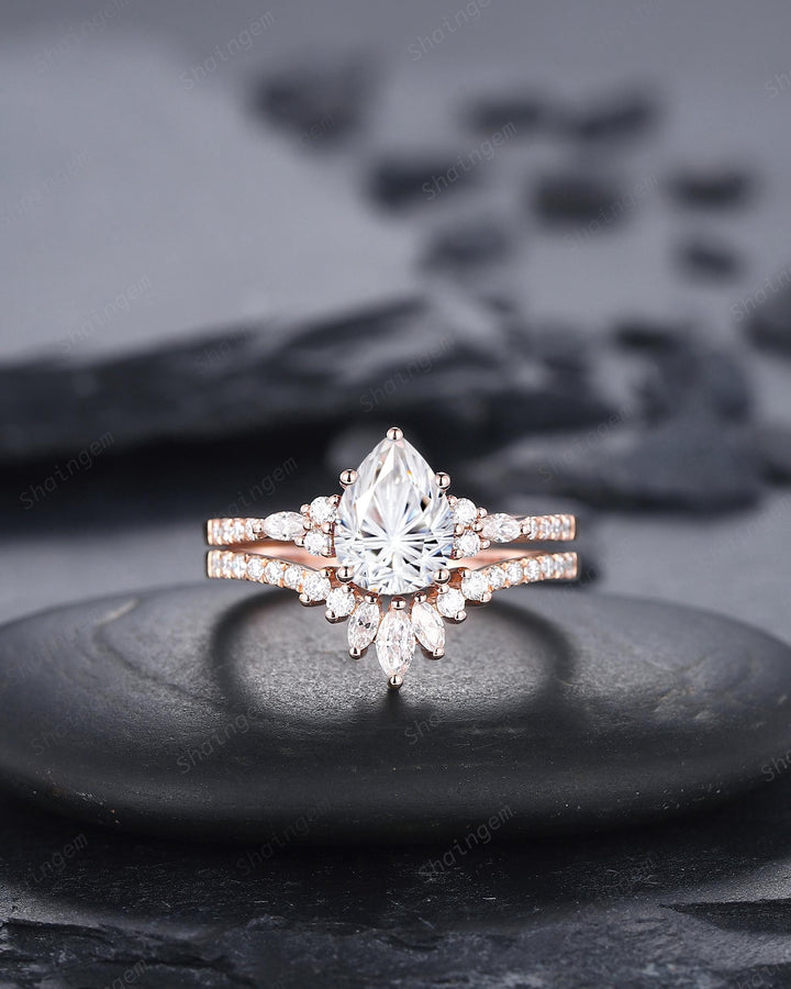 Vintage Pear Shape Fireworks Cut Colorless Moissanite Engagement Ring, Unique Rose Gold Cluster Wedding Set Promise Ring Gift for Woman - ShainJewelry