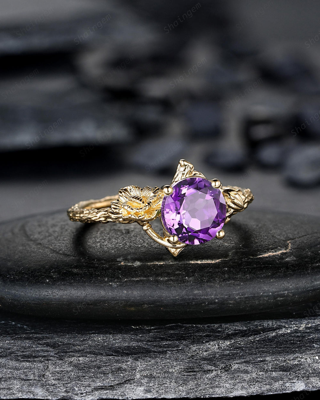Yellow Gold Carnation January Birth Flower Round Amethyst Solitaire Engagement Ring, Unique Nature Inspired Leaf Promise Wedding Ring Women - ShainJewelry