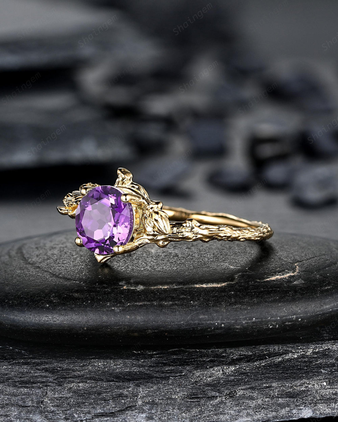 Yellow Gold Carnation January Birth Flower Round Amethyst Solitaire Engagement Ring, Unique Nature Inspired Leaf Promise Wedding Ring Women - ShainJewelry