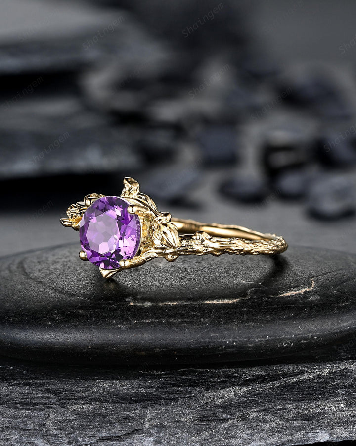 Yellow Gold Carnation January Birth Flower Round Amethyst Solitaire Engagement Ring, Unique Nature Inspired Leaf Promise Wedding Ring Women - ShainJewelry