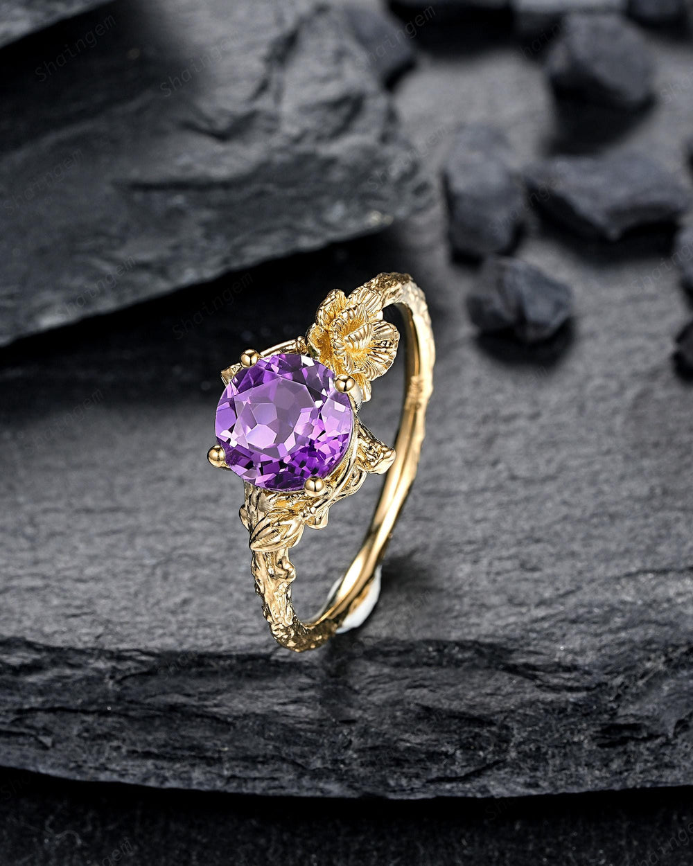 Yellow Gold Carnation January Birth Flower Round Amethyst Solitaire Engagement Ring, Unique Nature Inspired Leaf Promise Wedding Ring Women - ShainJewelry