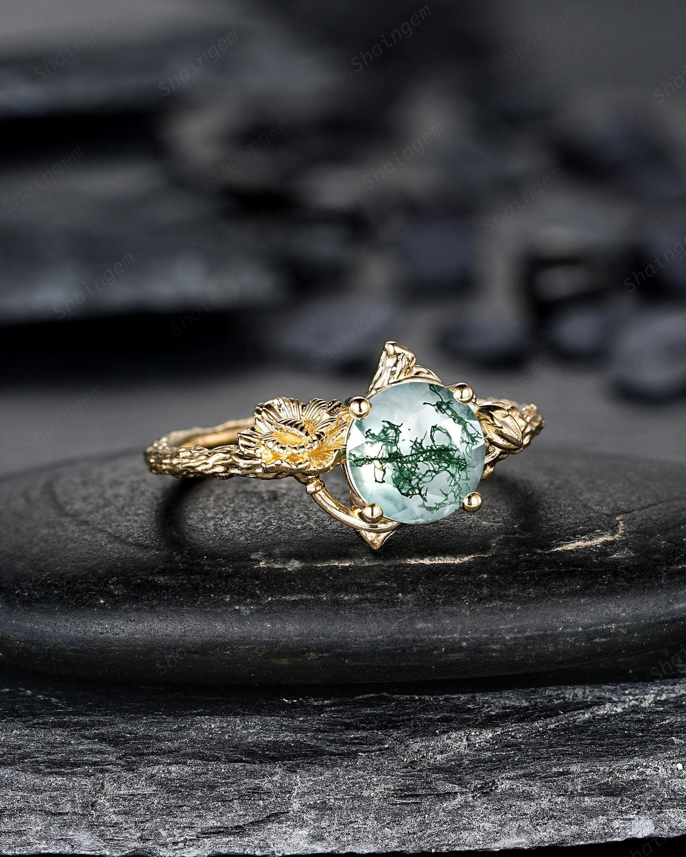 Yellow Gold Carnation January Flower Round Moss Agate Solitaire Engagement Ring Unique Nature Inspired Leaf Vine Promise Wedding Ring Gift - ShainJewelry
