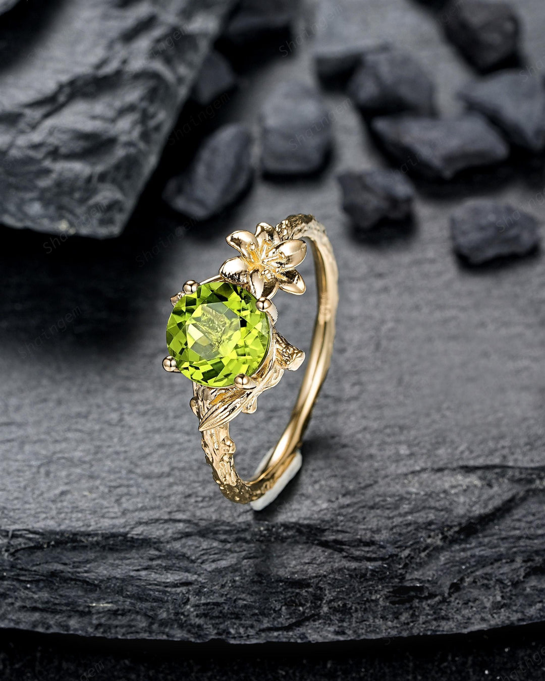 Unique Yellow Gold Lily May Birth Flower Round Peridot Solitaire Engagement Ring Nature Inspired Leaf Solitary Promise Wedding Ring Gift - ShainJewelry