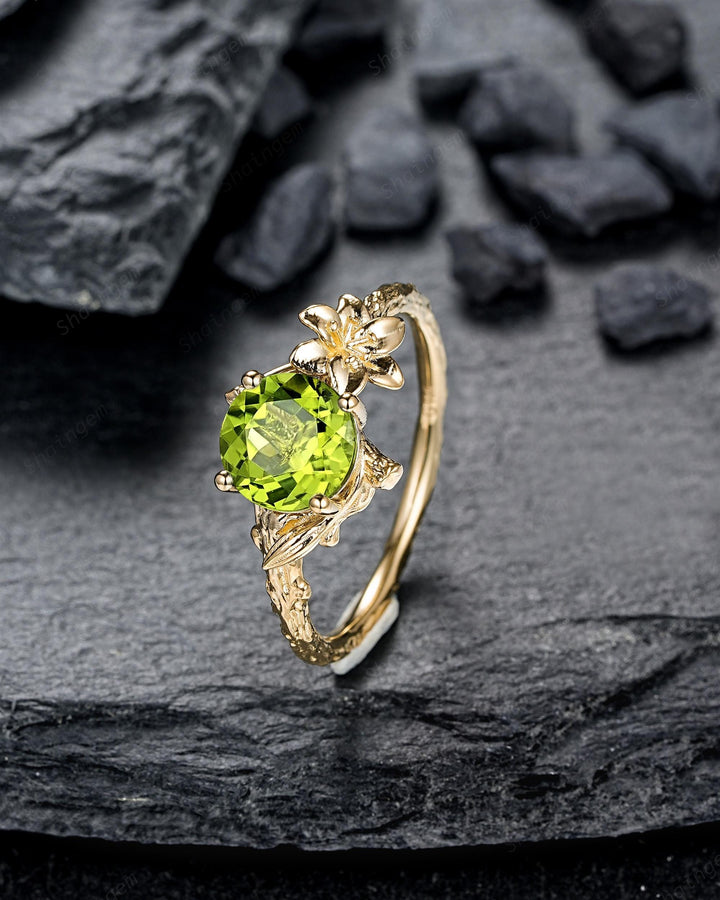 Unique Yellow Gold Lily May Birth Flower Round Peridot Solitaire Engagement Ring Nature Inspired Leaf Solitary Promise Wedding Ring Gift - ShainJewelry