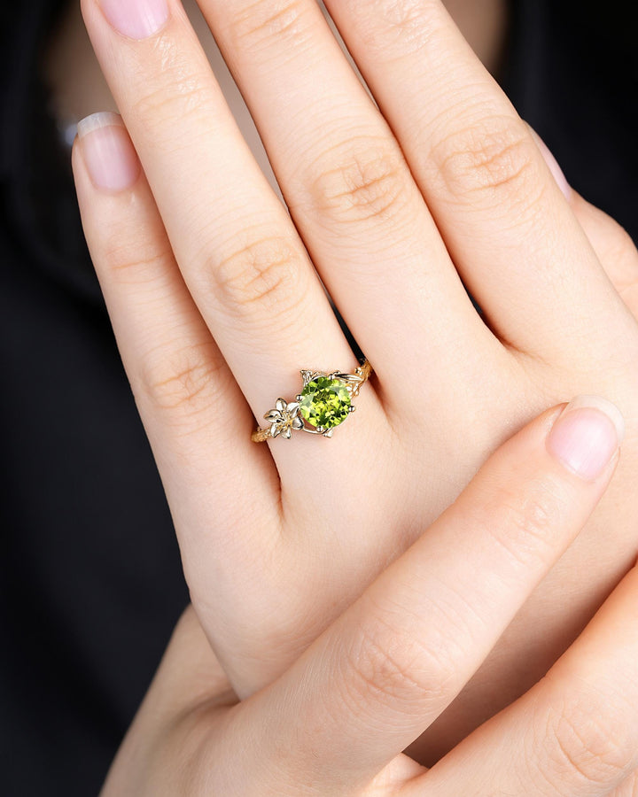 Unique Yellow Gold Lily May Birth Flower Round Peridot Solitaire Engagement Ring Nature Inspired Leaf Solitary Promise Wedding Ring Gift - ShainJewelry