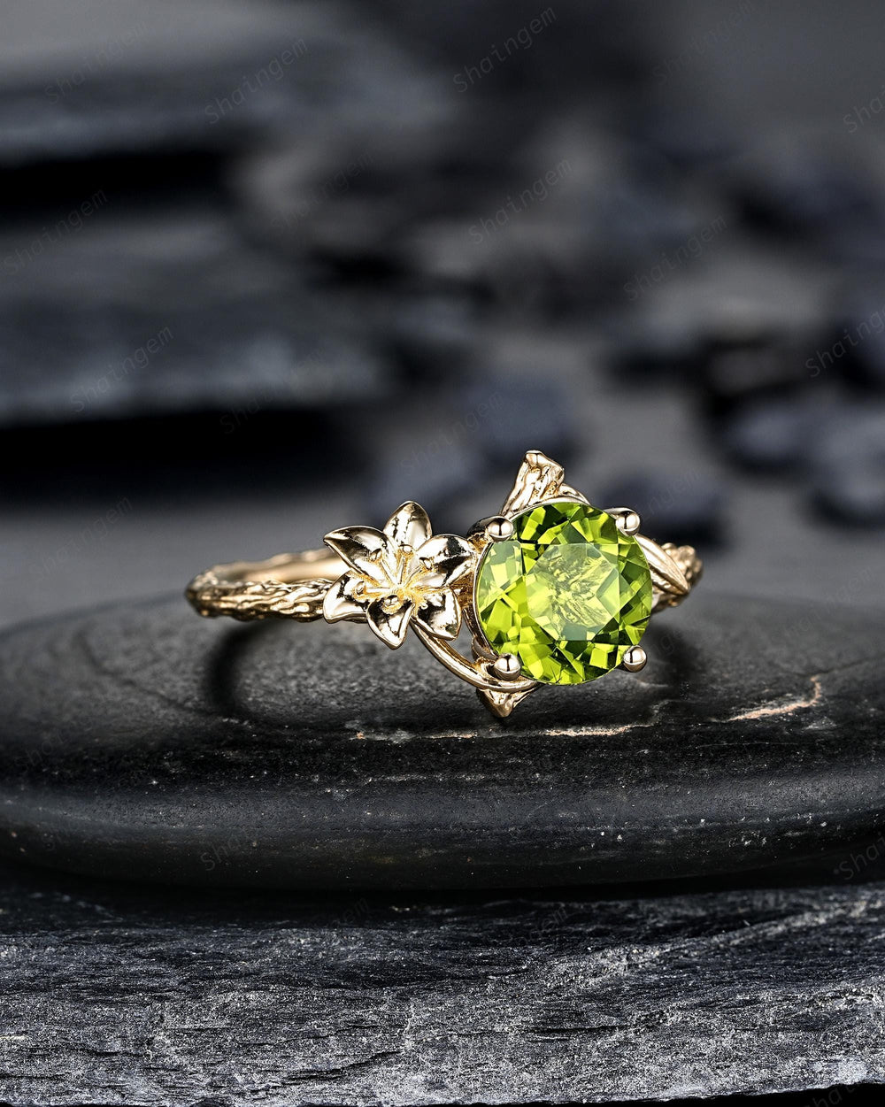Unique Yellow Gold Lily May Birth Flower Round Peridot Solitaire Engagement Ring Nature Inspired Leaf Solitary Promise Wedding Ring Gift - ShainJewelry