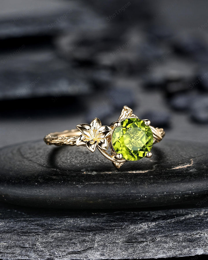Unique Yellow Gold Lily May Birth Flower Round Peridot Solitaire Engagement Ring Nature Inspired Leaf Solitary Promise Wedding Ring Gift - ShainJewelry