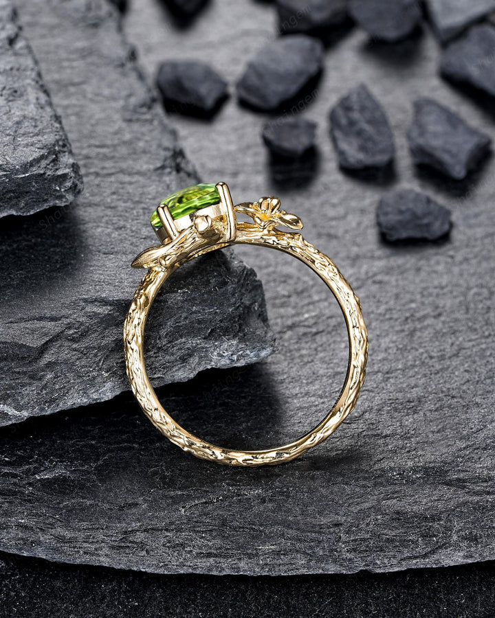 Unique Yellow Gold Lily May Birth Flower Round Peridot Solitaire Engagement Ring Nature Inspired Leaf Solitary Promise Wedding Ring Gift - ShainJewelry