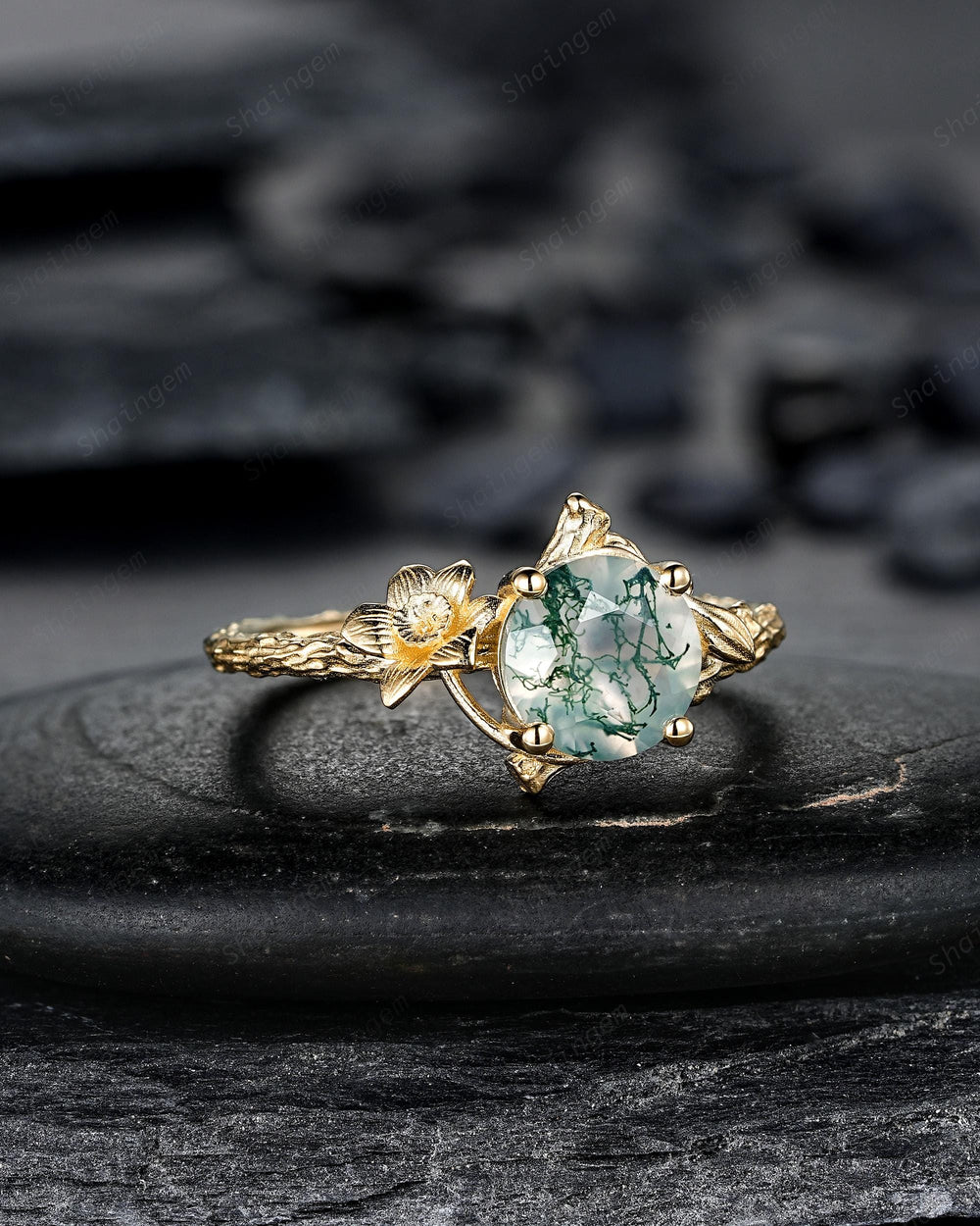 Yellow Gold Narcissus December Birth Flower Round Moss Agate Solitaire Engagement Ring Nature Inspired Leaf Vine Promise Wedding Ring Gift - ShainJewelry