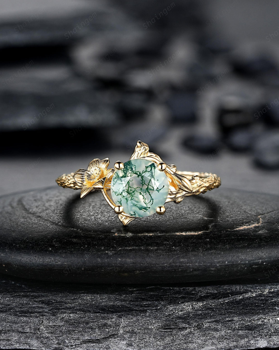 Yellow Gold Narcissus December Birth Flower Round Moss Agate Solitaire Engagement Ring Nature Inspired Leaf Vine Promise Wedding Ring Gift - ShainJewelry