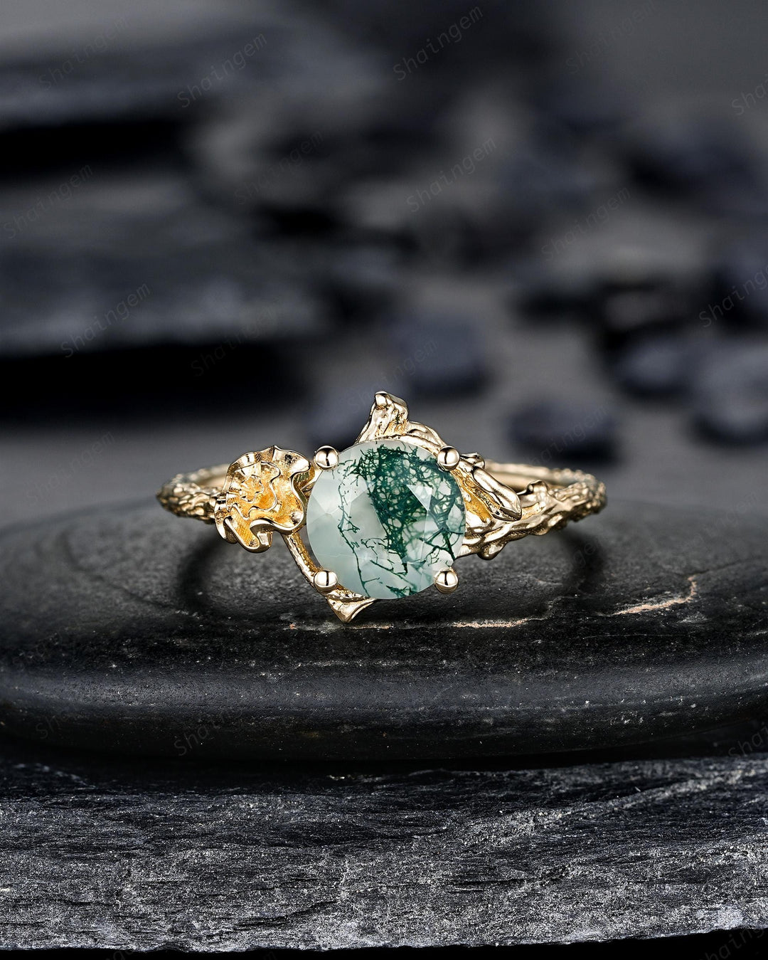 Yellow Gold Marigold October Birth Flower Round Moss Agate Solitaire Engagement Ring Nature Inspired Leaf Vine Promise Wedding Ring Woman - ShainJewelry