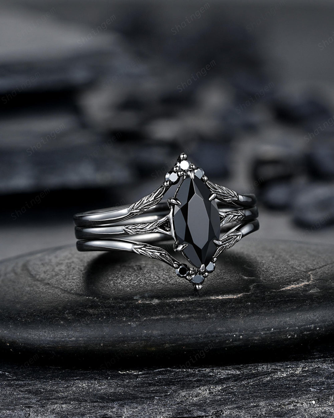 3PCS Black Gold Marquise Cut Black Onyx Engagement Ring Set, Gothic Punk Black Rhodium Engraved Leaf Solitary Wedding Set Promise Ring Gift - ShainJewelry