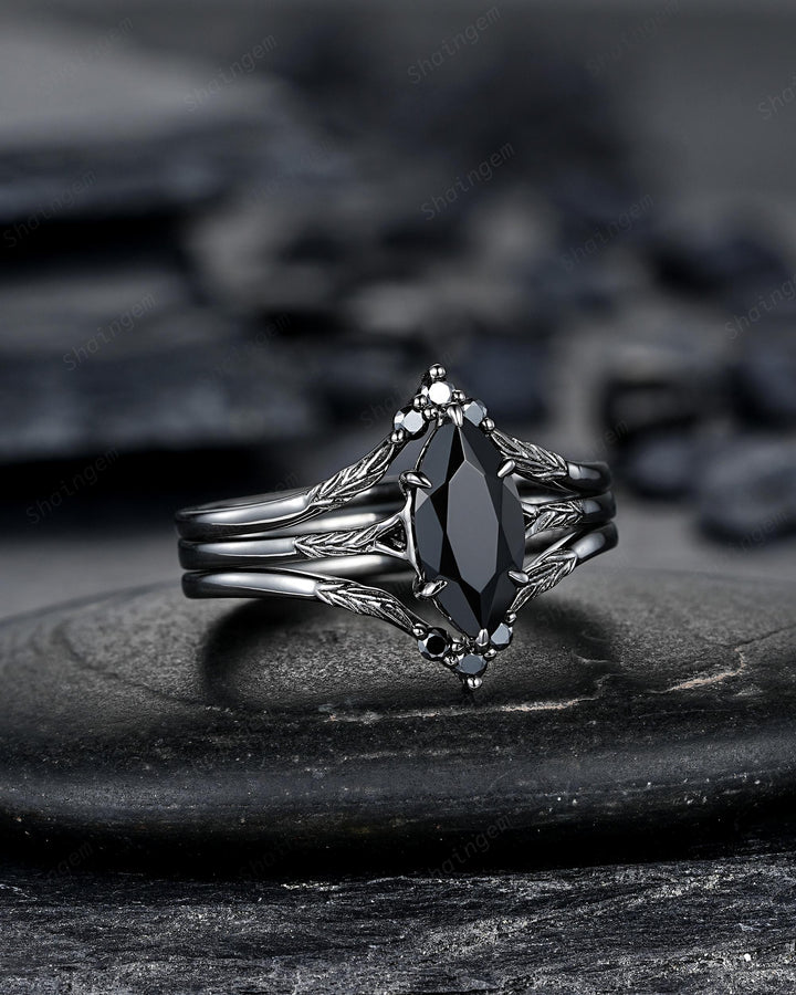 3PCS Black Gold Marquise Cut Black Onyx Engagement Ring Set, Gothic Punk Black Rhodium Engraved Leaf Solitary Wedding Set Promise Ring Gift - ShainJewelry