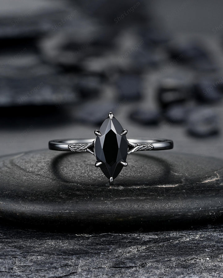 3PCS Black Gold Marquise Cut Black Onyx Engagement Ring Set, Gothic Punk Black Rhodium Engraved Leaf Solitary Wedding Set Promise Ring Gift - ShainJewelry
