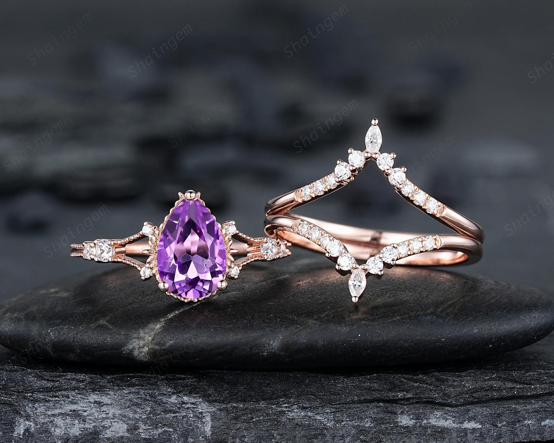3PCS Pear Shape Natural Purple Amethyst Engagement Ring Set, Vintage Rose Gold Promise Wedding Ring Gift for Women, February Birthstone Gift - ShainJewelry