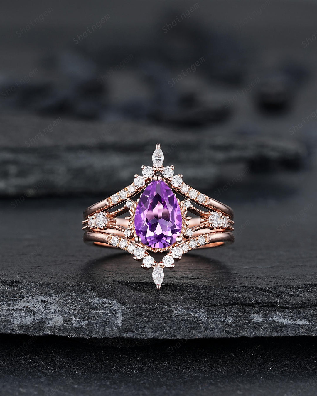 3PCS Pear Shape Natural Purple Amethyst Engagement Ring Set, Vintage Rose Gold Promise Wedding Ring Gift for Women, February Birthstone Gift - ShainJewelry