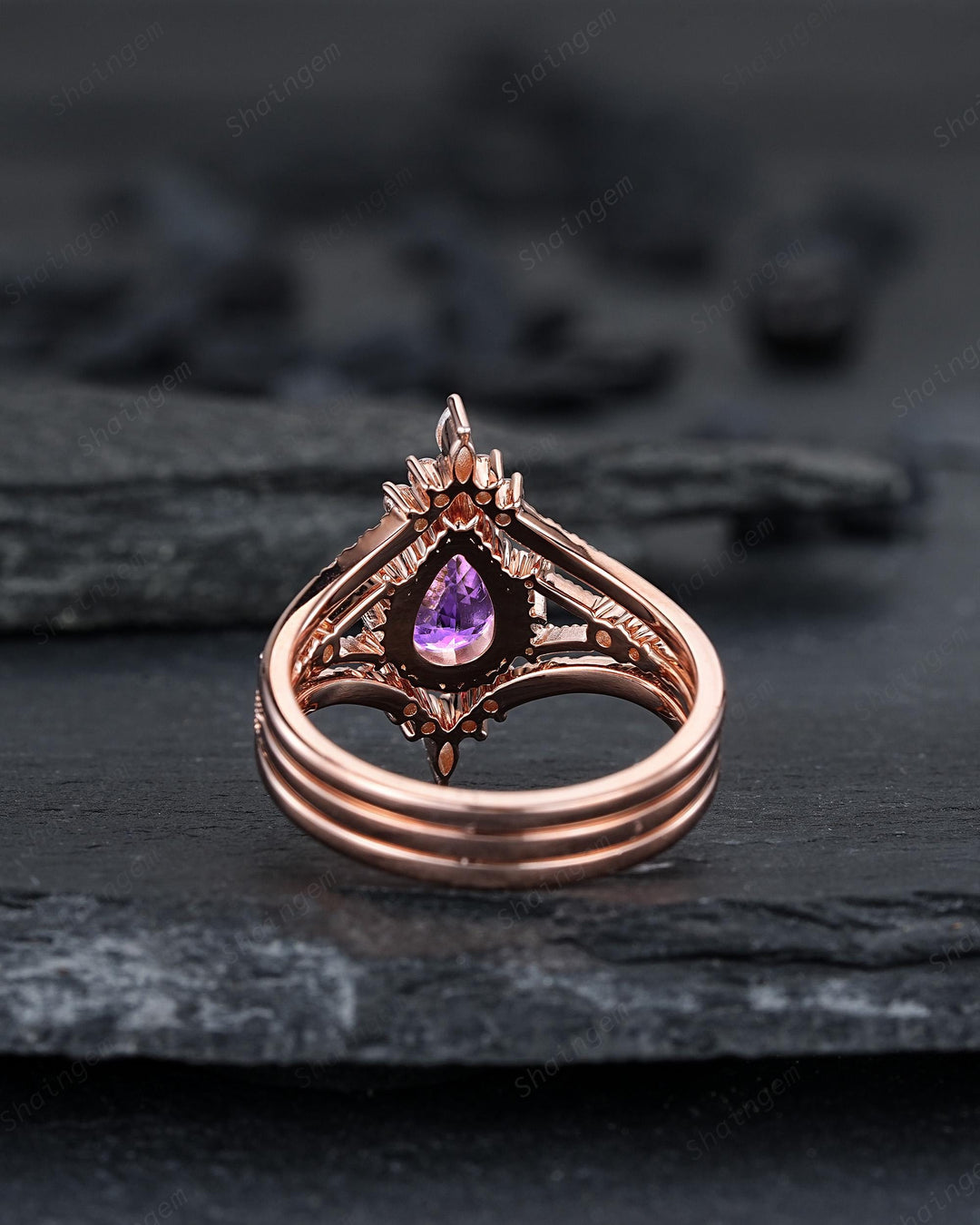 3PCS Pear Shape Natural Purple Amethyst Engagement Ring Set, Vintage Rose Gold Promise Wedding Ring Gift for Women, February Birthstone Gift - ShainJewelry