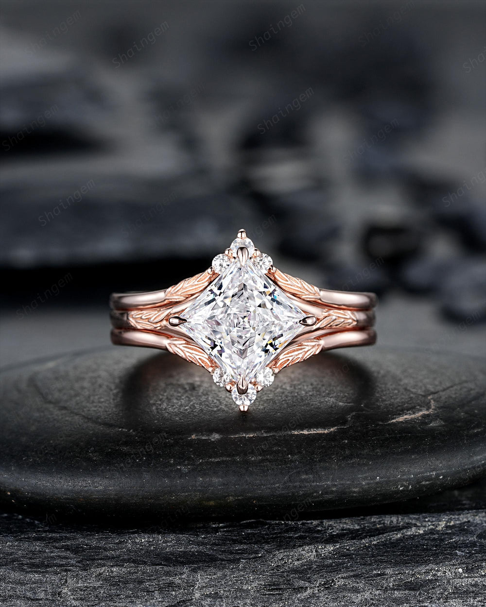 Unique 3PCS Princess Cut Moissanite Solitaire Leaf Engagement Ring Nature Inspired Vine Wedding Set Rose Gold Promise Ring Gift for Women - ShainJewelry
