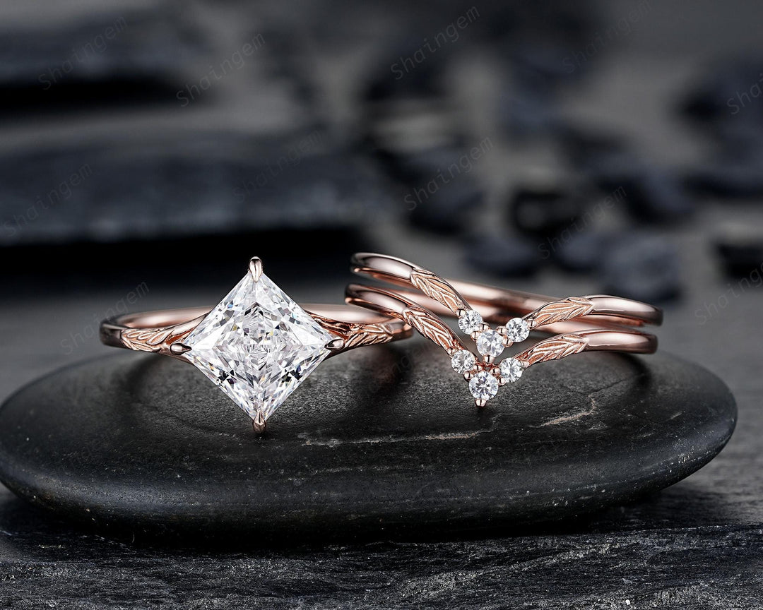 Unique 3PCS Princess Cut Moissanite Solitaire Leaf Engagement Ring Nature Inspired Vine Wedding Set Rose Gold Promise Ring Gift for Women - ShainJewelry