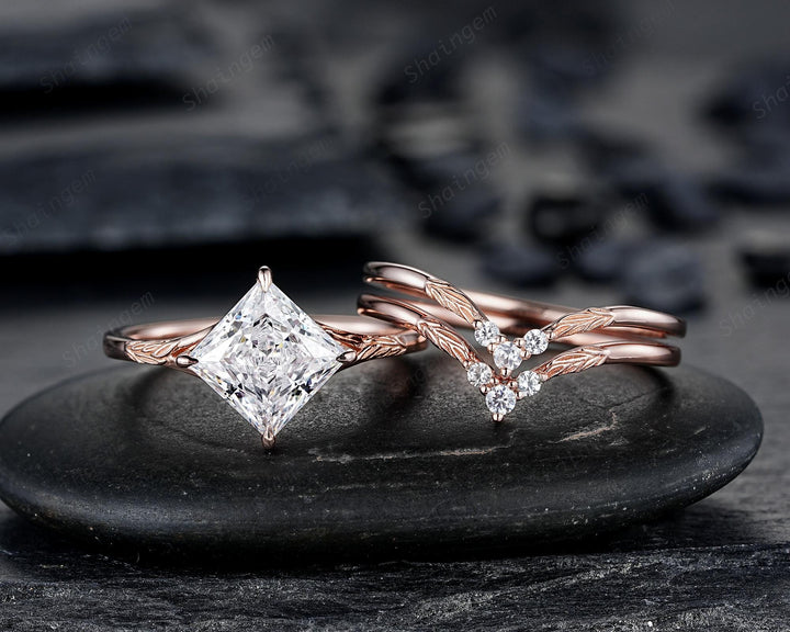 Unique 3PCS Princess Cut Moissanite Solitaire Leaf Engagement Ring Nature Inspired Vine Wedding Set Rose Gold Promise Ring Gift for Women - ShainJewelry