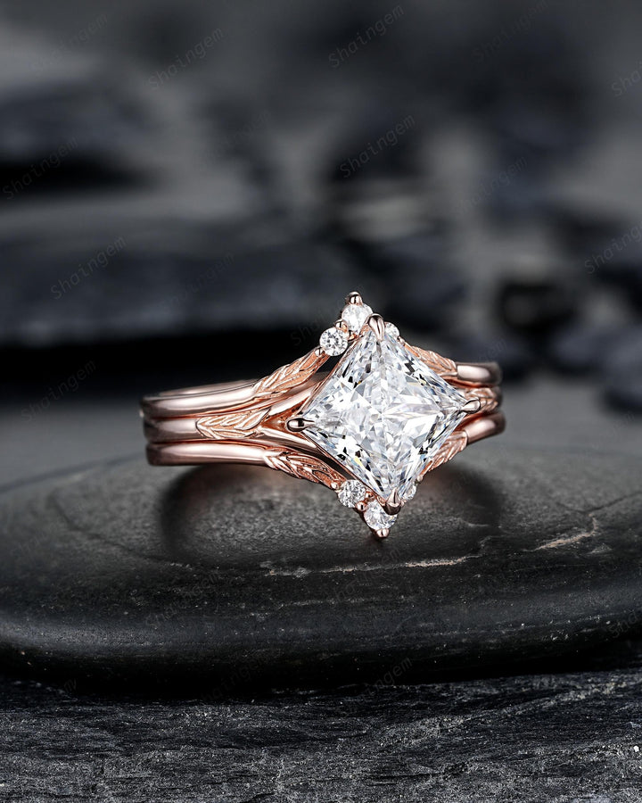 Unique 3PCS Princess Cut Moissanite Solitaire Leaf Engagement Ring Nature Inspired Vine Wedding Set Rose Gold Promise Ring Gift for Women - ShainJewelry