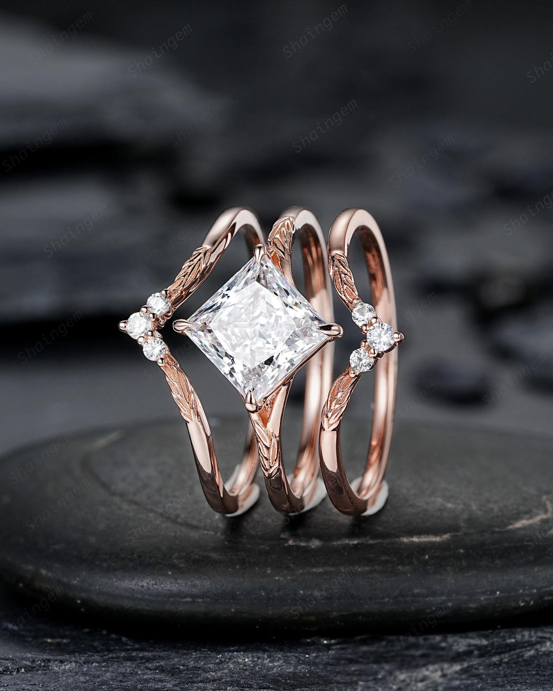 Unique 3PCS Princess Cut Moissanite Solitaire Leaf Engagement Ring Nature Inspired Vine Wedding Set Rose Gold Promise Ring Gift for Women - ShainJewelry