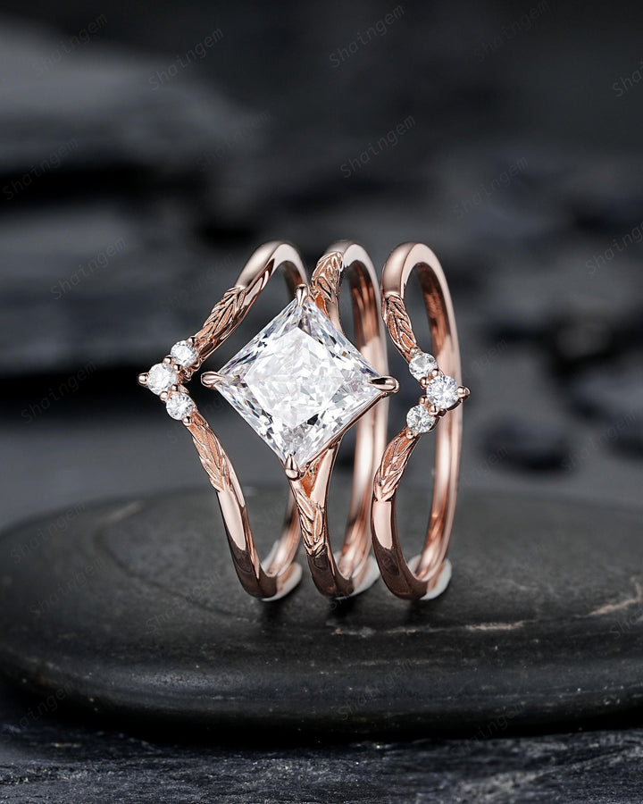 Unique 3PCS Princess Cut Moissanite Solitaire Leaf Engagement Ring Nature Inspired Vine Wedding Set Rose Gold Promise Ring Gift for Women - ShainJewelry