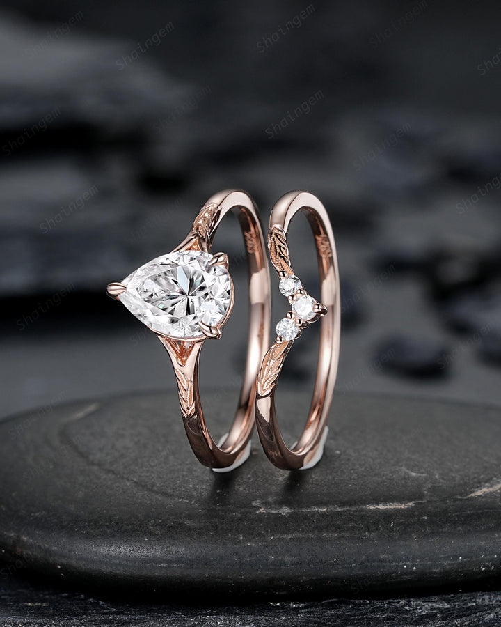 Vintage Pear Shape Moissanite Solitaire Engagement Ring Set, Nature Inspired Leaf Vine Solitary Rose Gold Promise Wedding Ring his and hers - ShainJewelry