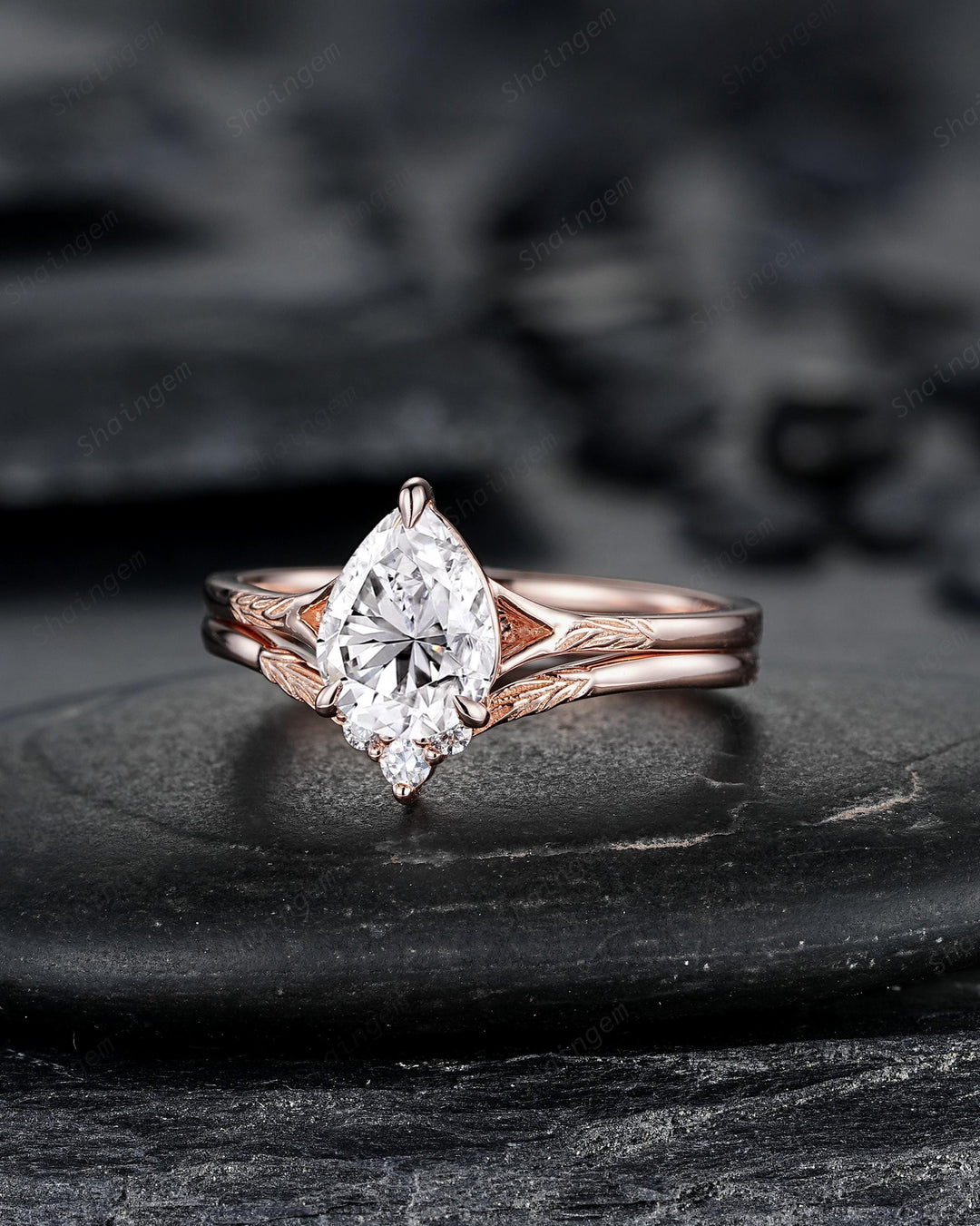 Vintage Pear Shape Moissanite Solitaire Engagement Ring Set, Nature Inspired Leaf Vine Solitary Rose Gold Promise Wedding Ring his and hers - ShainJewelry