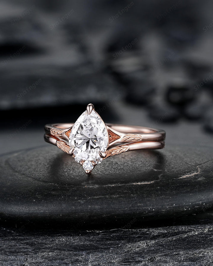 Vintage Pear Shape Moissanite Solitaire Engagement Ring Set, Nature Inspired Leaf Vine Solitary Rose Gold Promise Wedding Ring his and hers - ShainJewelry