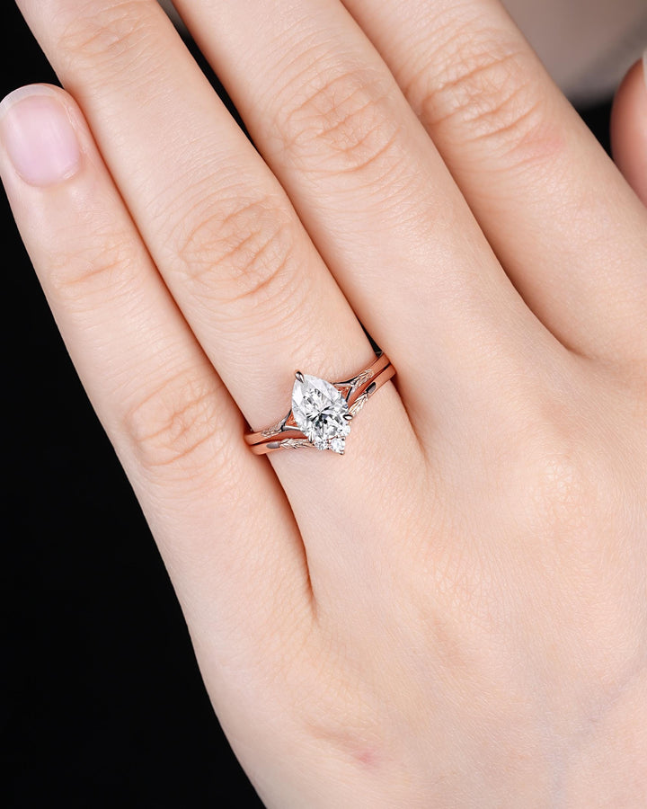 Vintage Pear Shape Moissanite Solitaire Engagement Ring Set, Nature Inspired Leaf Vine Solitary Rose Gold Promise Wedding Ring his and hers - ShainJewelry