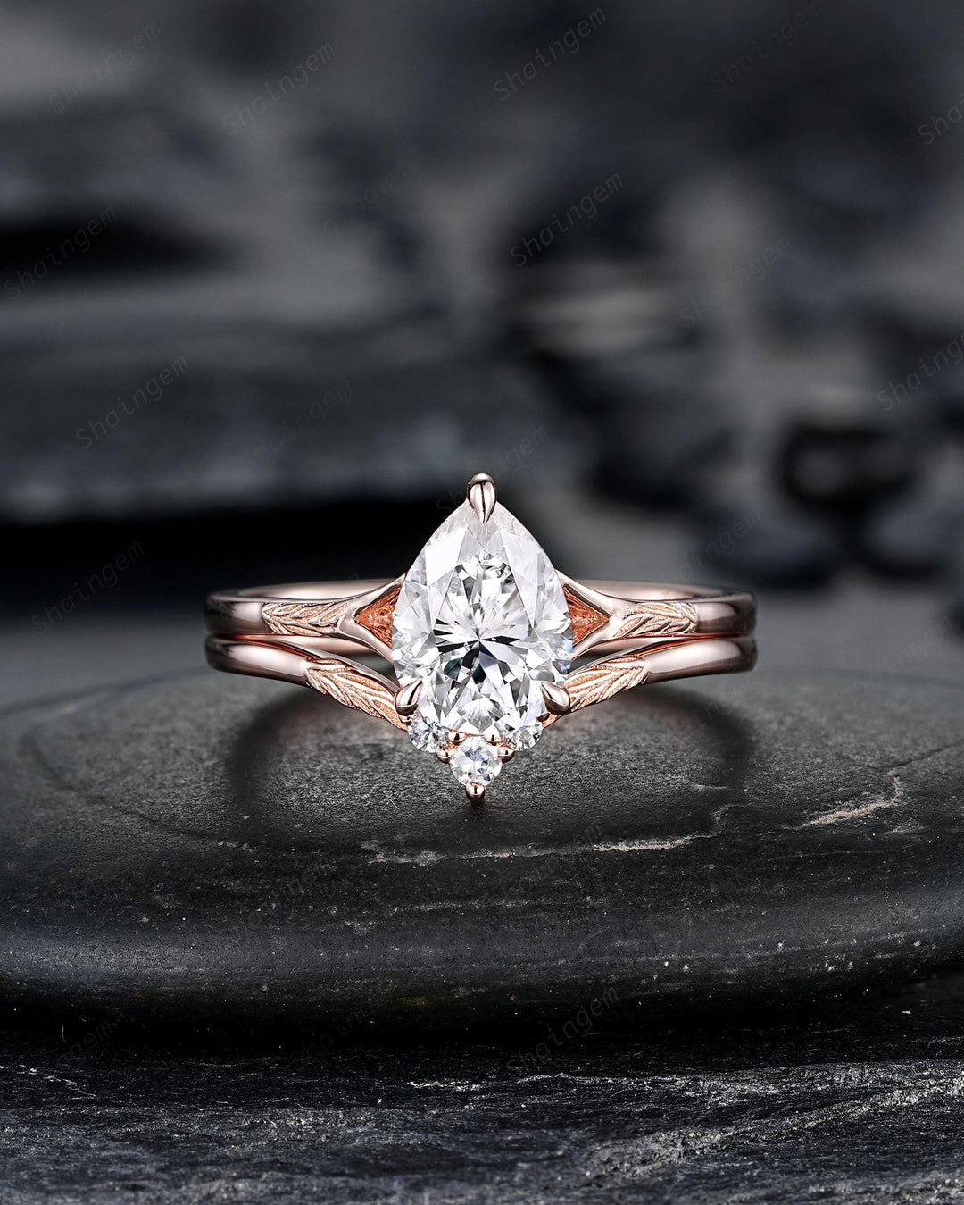 Vintage Pear Shape Moissanite Solitaire Engagement Ring Set, Nature Inspired Leaf Vine Solitary Rose Gold Promise Wedding Ring his and hers - ShainJewelry