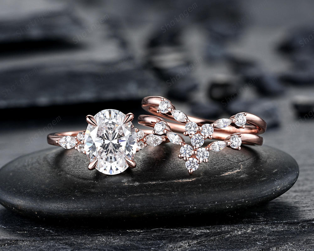 Unique 3PCS Crown Oval Shape 3 Carat Colorless Moissanite Engagement Ring Set, Vintage Curved Rose Gold Promise Wedding Ring Gift for Women - ShainJewelry