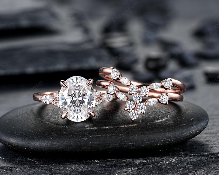 Unique 3PCS Crown Oval Shape 3 Carat Colorless Moissanite Engagement Ring Set, Vintage Curved Rose Gold Promise Wedding Ring Gift for Women - ShainJewelry