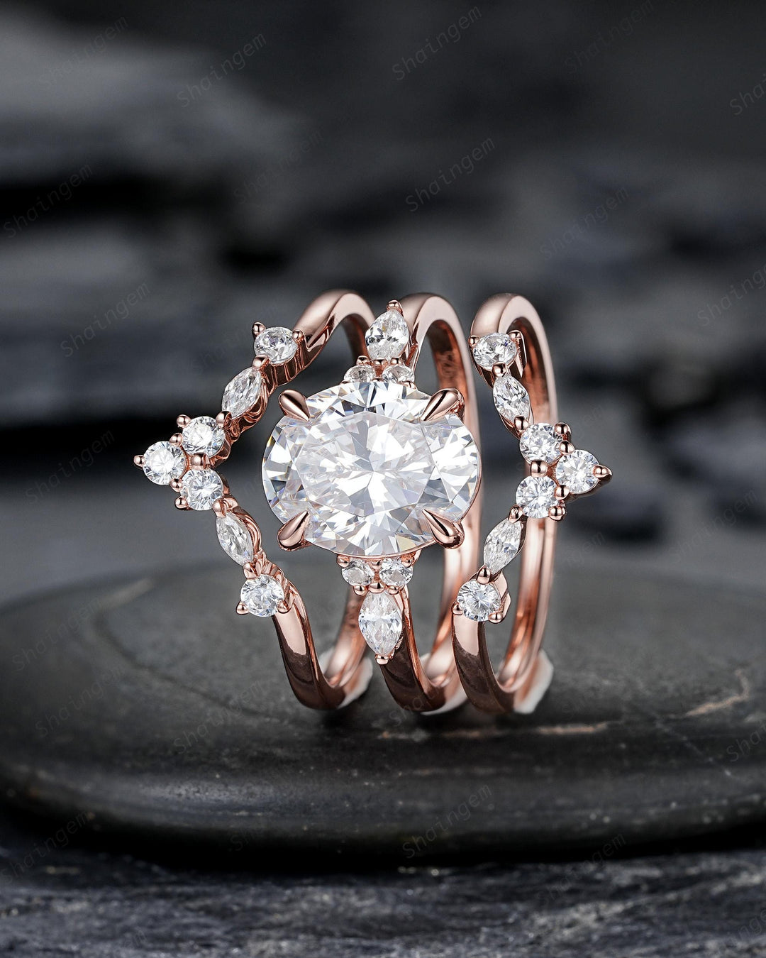 Unique 3PCS Crown Oval Shape 3 Carat Colorless Moissanite Engagement Ring Set, Vintage Curved Rose Gold Promise Wedding Ring Gift for Women - ShainJewelry