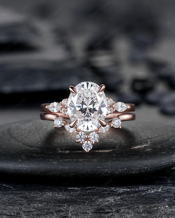Unique 3PCS Crown Oval Shape 3 Carat Colorless Moissanite Engagement Ring Set, Vintage Curved Rose Gold Promise Wedding Ring Gift for Women - ShainJewelry
