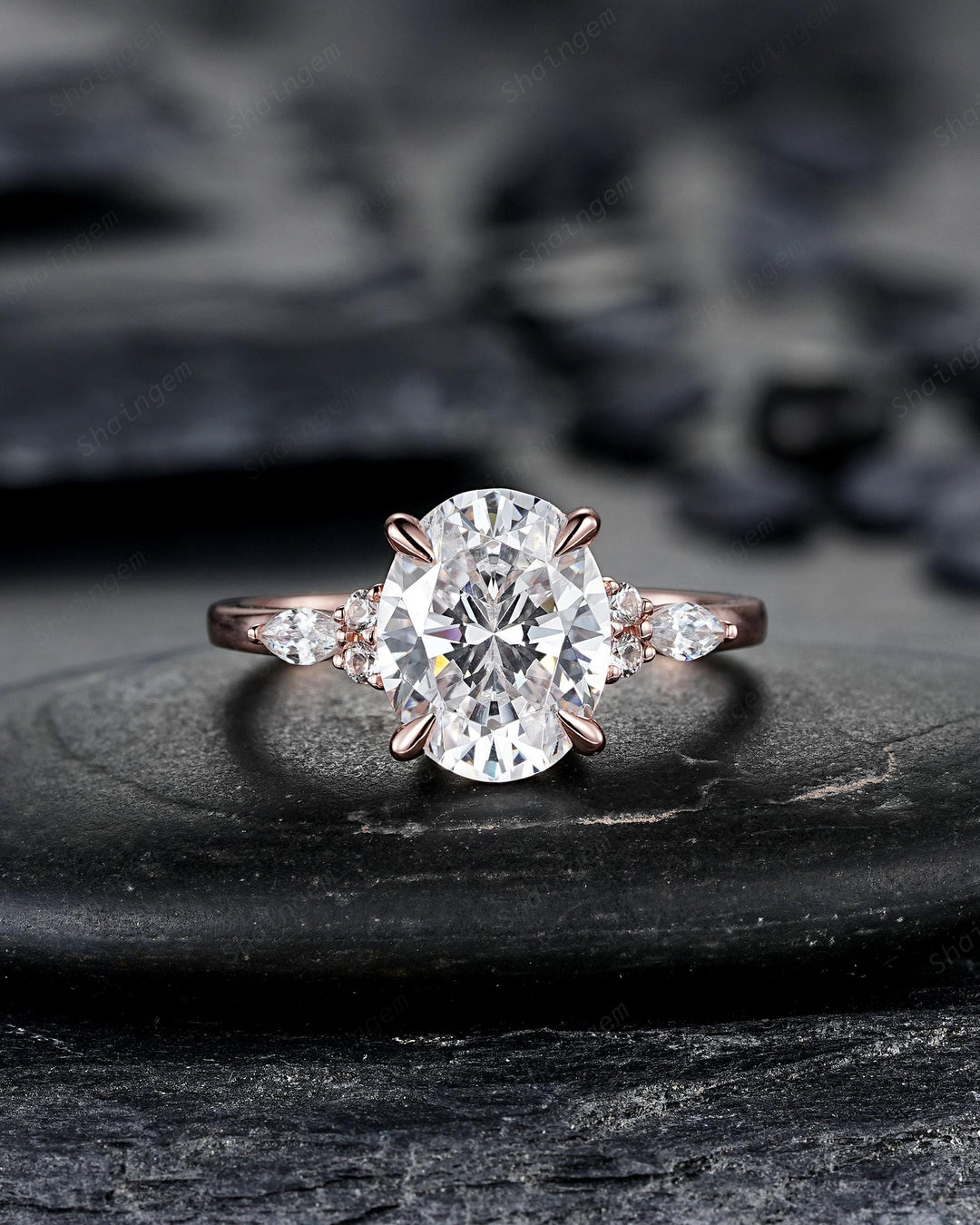 Unique 3PCS Crown Oval Shape 3 Carat Colorless Moissanite Engagement Ring Set, Vintage Curved Rose Gold Promise Wedding Ring Gift for Women - ShainJewelry