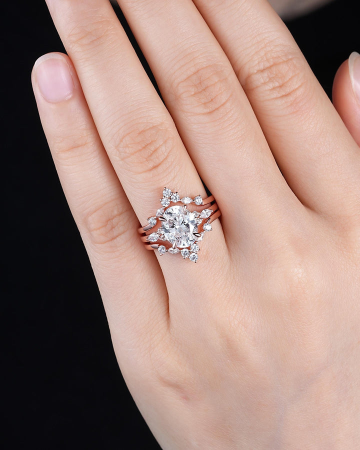 Unique 3PCS Crown Oval Shape 3 Carat Colorless Moissanite Engagement Ring Set, Vintage Curved Rose Gold Promise Wedding Ring Gift for Women - ShainJewelry
