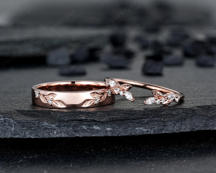 Nature Inspired Engraved Leaf His and Hers Diamond Couple Ring Set Open Gap Rose Gold Wedding Engagement Promise Men's Women's Matching Band - ShainJewelry