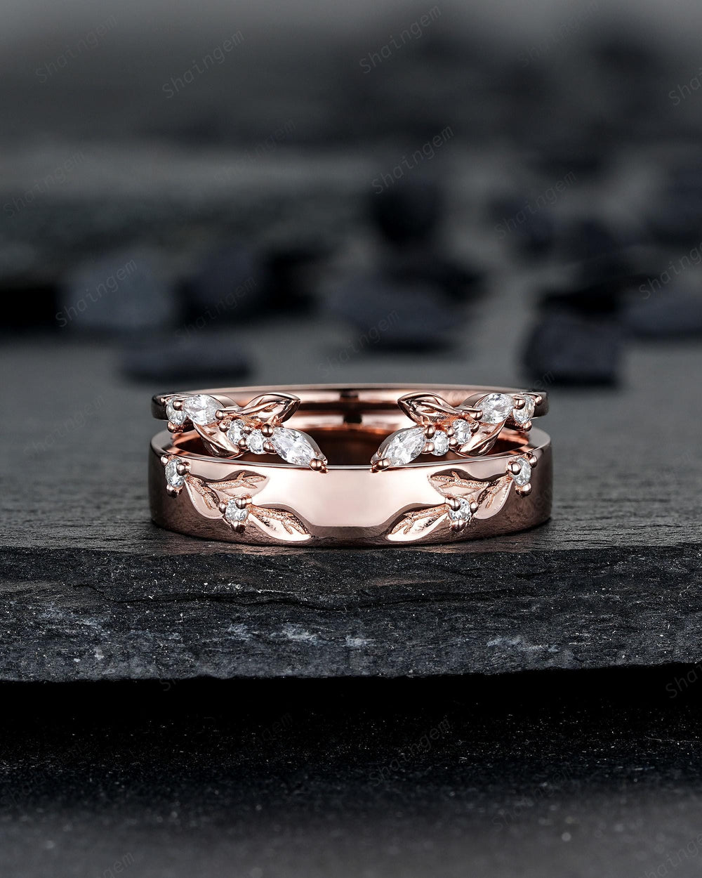 Nature Inspired Engraved Leaf His and Hers Diamond Couple Ring Set Open Gap Rose Gold Wedding Engagement Promise Men's Women's Matching Band - ShainJewelry