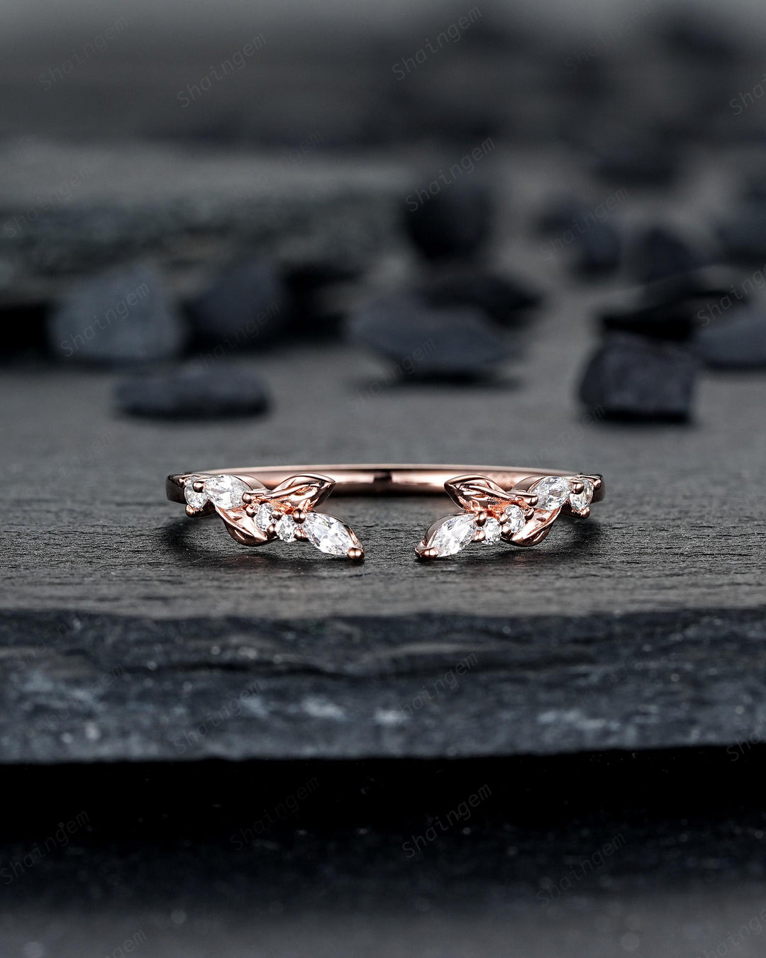 Nature Inspired Engraved Leaf His and Hers Diamond Couple Ring Set Open Gap Rose Gold Wedding Engagement Promise Men's Women's Matching Band - ShainJewelry