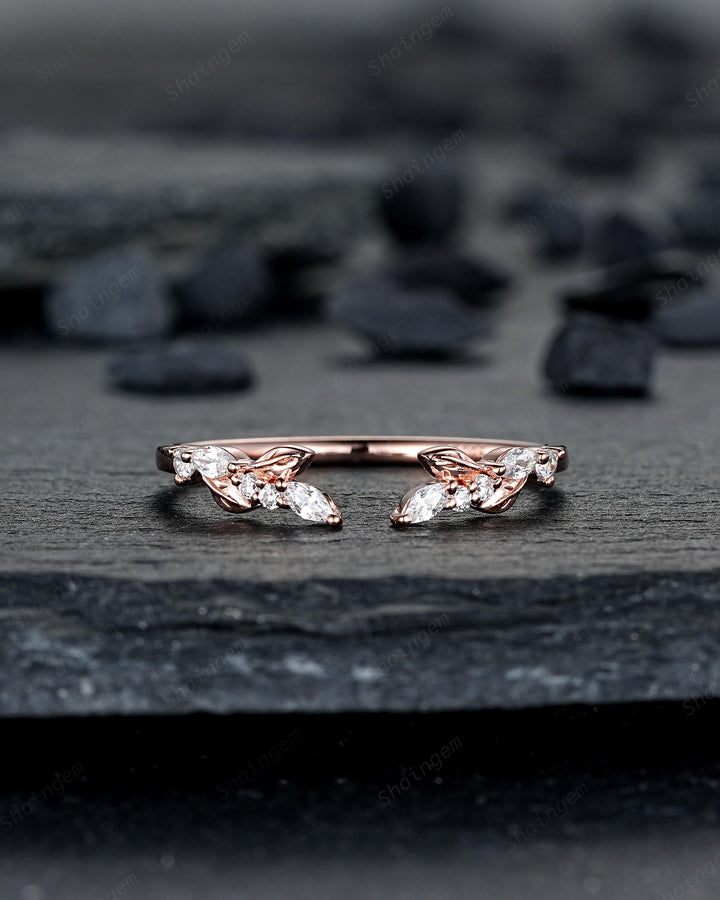 Nature Inspired Engraved Leaf His and Hers Diamond Couple Ring Set Open Gap Rose Gold Wedding Engagement Promise Men's Women's Matching Band - ShainJewelry