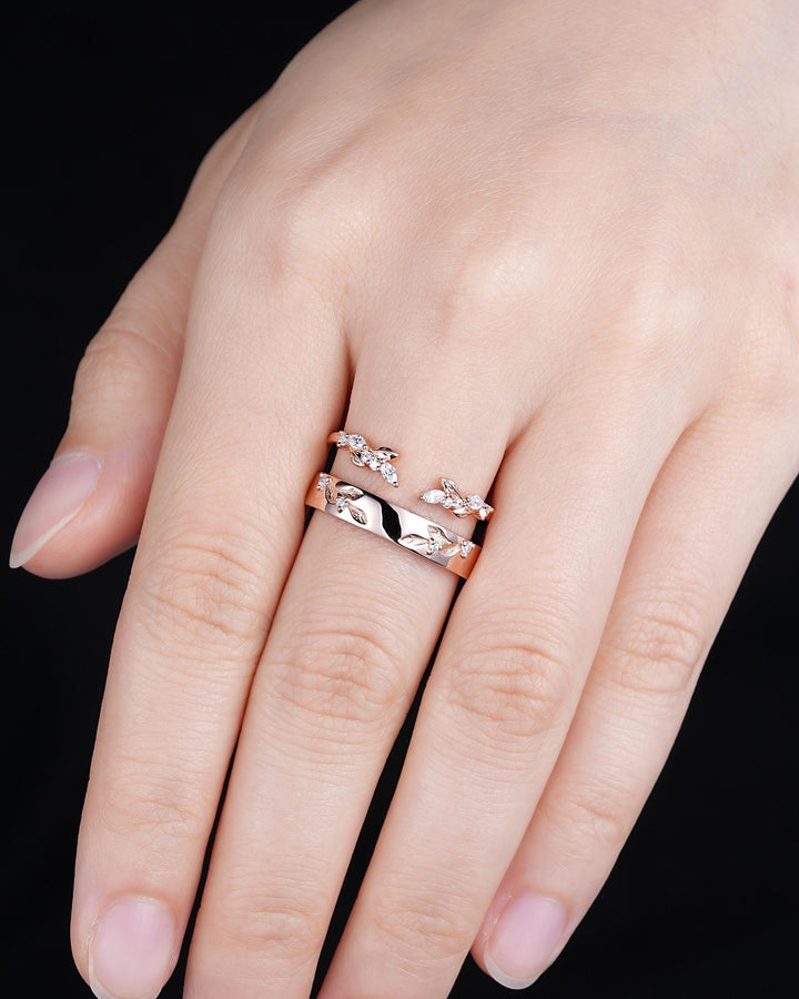 Nature Inspired Engraved Leaf His and Hers Diamond Couple Ring Set Open Gap Rose Gold Wedding Engagement Promise Men's Women's Matching Band - ShainJewelry