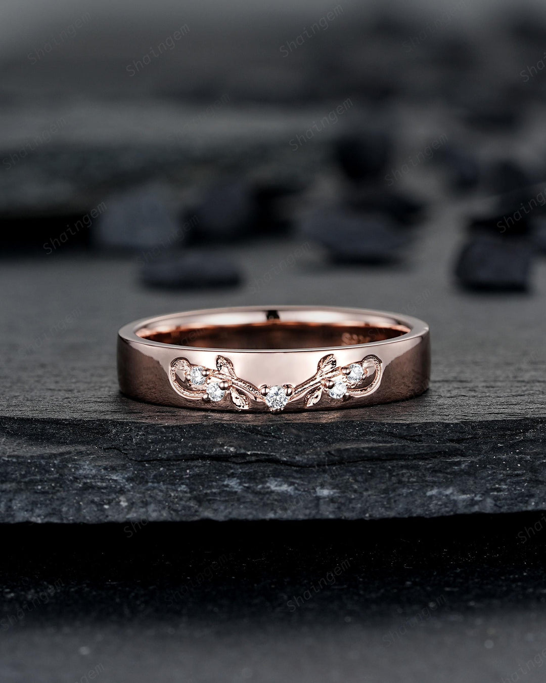 Nature Inspired Engraved Leaf His and Hers Diamond Couple Ring Set Rose Gold Wedding Engagement Promise Ring Men's Women's Matching Band - ShainJewelry