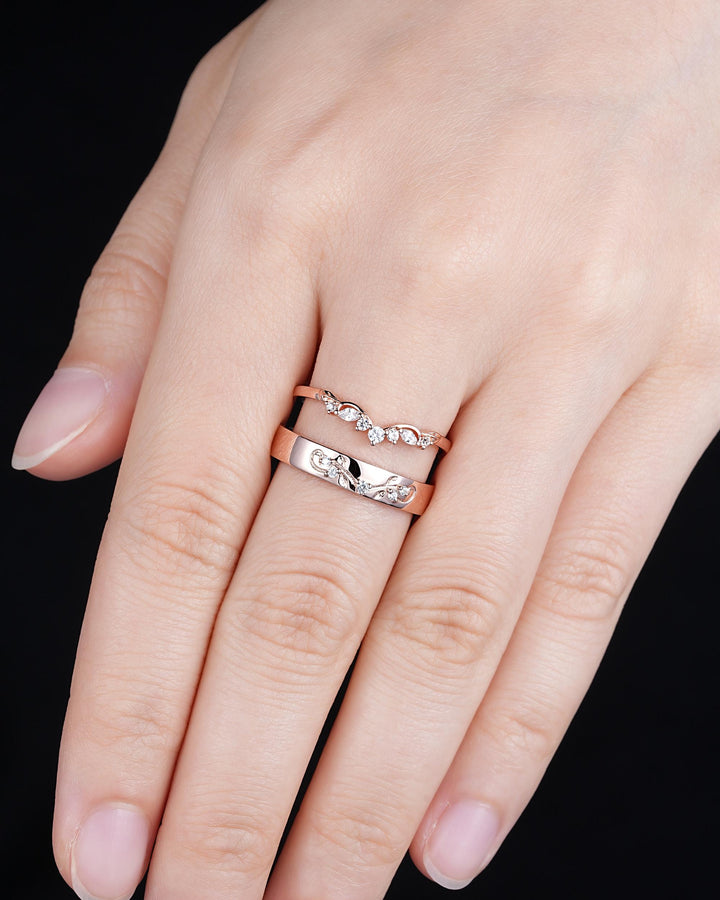 Nature Inspired Engraved Leaf His and Hers Diamond Couple Ring Set Rose Gold Wedding Engagement Promise Ring Men's Women's Matching Band - ShainJewelry