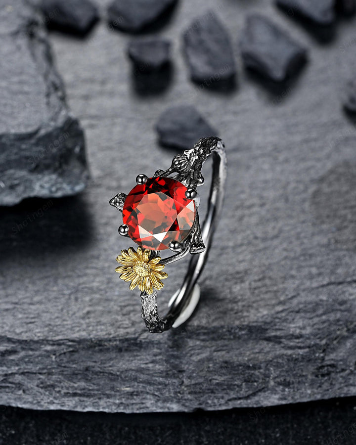 Gothic Two Tone Yellow Daisy April Birth Flower Garnet Solitaire Engagement Ring, Black Rhodium Nature Inspired Leaf Promise Wedding Ring - ShainJewelry